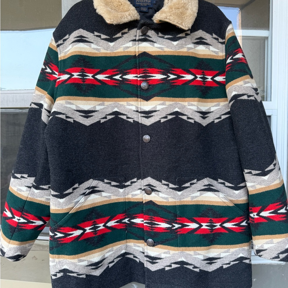 Pendleton Men’s Southwestern Wool Coat with Shearling Collar - Black/Green/Red